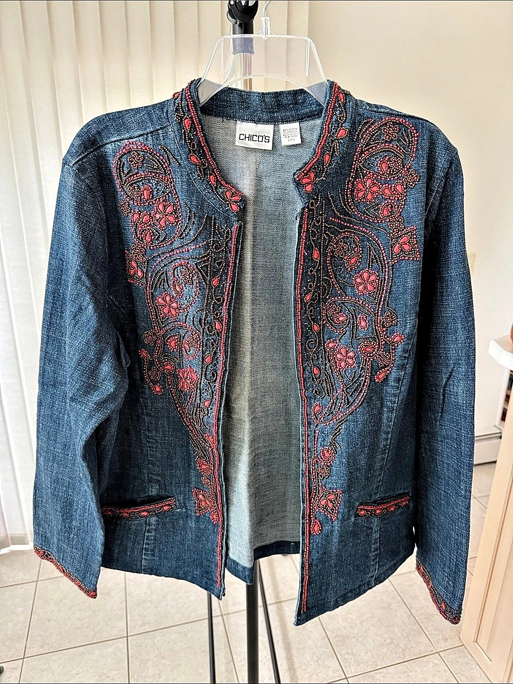Chico's Beaded Paisley Denim Jacket in Blue & Red Size 2 Like New